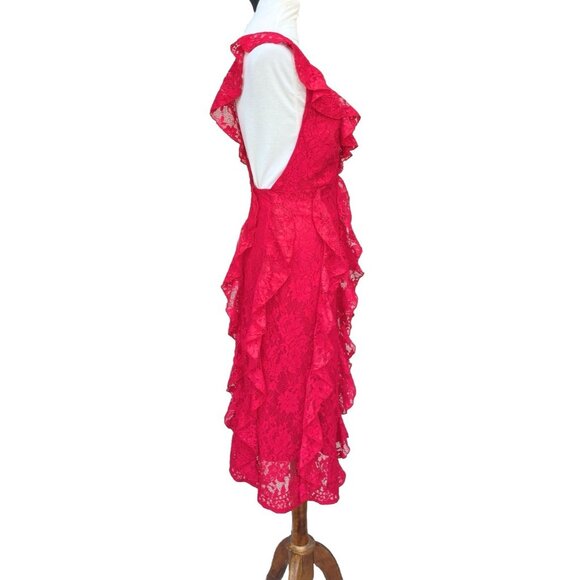 AFRM Women’s Ingrid Red Lace Ruffle Midi Dress Plunge V-Neck Size XS - Picture 3 of 16